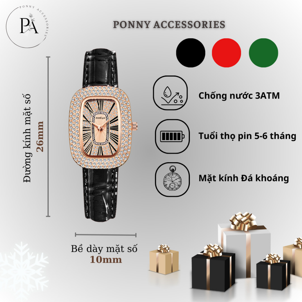Đồng Hồ Nữ Modiya Mặt Vuông Đính Đá Sang Chảnh Đồng Hồ Dây Da Chống Nước Nhiều Màu Sắc