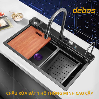 Chậu rửa bát 1 hố to inox 304 kèm vòi dải nước thác nước tích hợp hiển thị nhiệt độ thông minh Debas 76x45