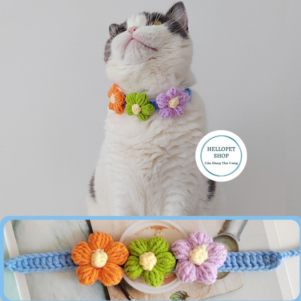 Vòng cổ cho chó mèo bằng len nhiều bông hoa dễ thương HELLOPET, Vòng cổ đan len cho thú cưng có điều chỉnh kích thước
