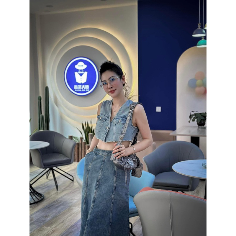 Chân váy Zara chân váy denim xoè midi loang jeans bò Zara xuất C029