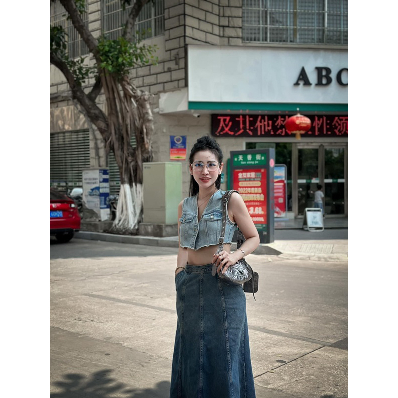 Chân váy Zara chân váy denim xoè midi loang jeans bò Zara xuất C029