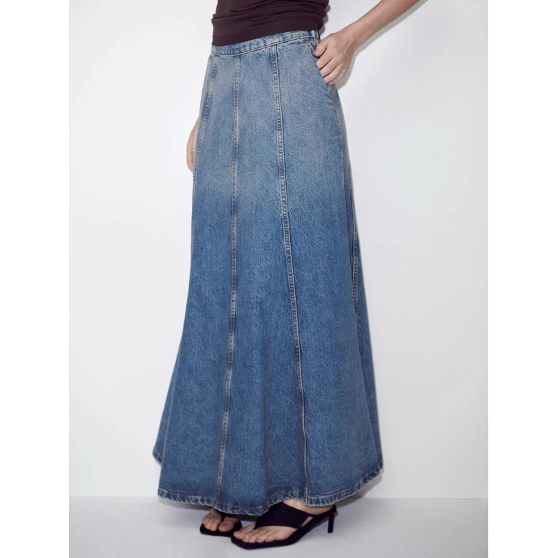 Chân váy Zara chân váy denim xoè midi loang jeans bò Zara xuất C029