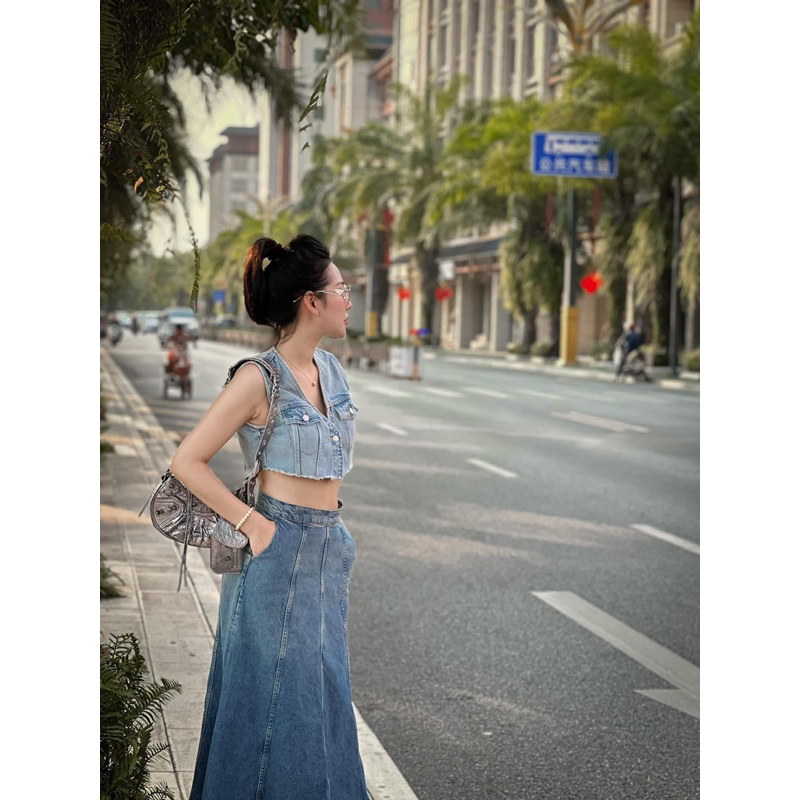 Chân váy Zara chân váy denim xoè midi loang jeans bò Zara xuất C029