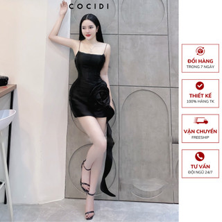 Đầm body 2 dây chất liệu Tafta màu TRẮNG/ĐEN, Váy dự tiệc thiết kế ôm sát đính kết hoa to tua rua sang trọng đi tiệc