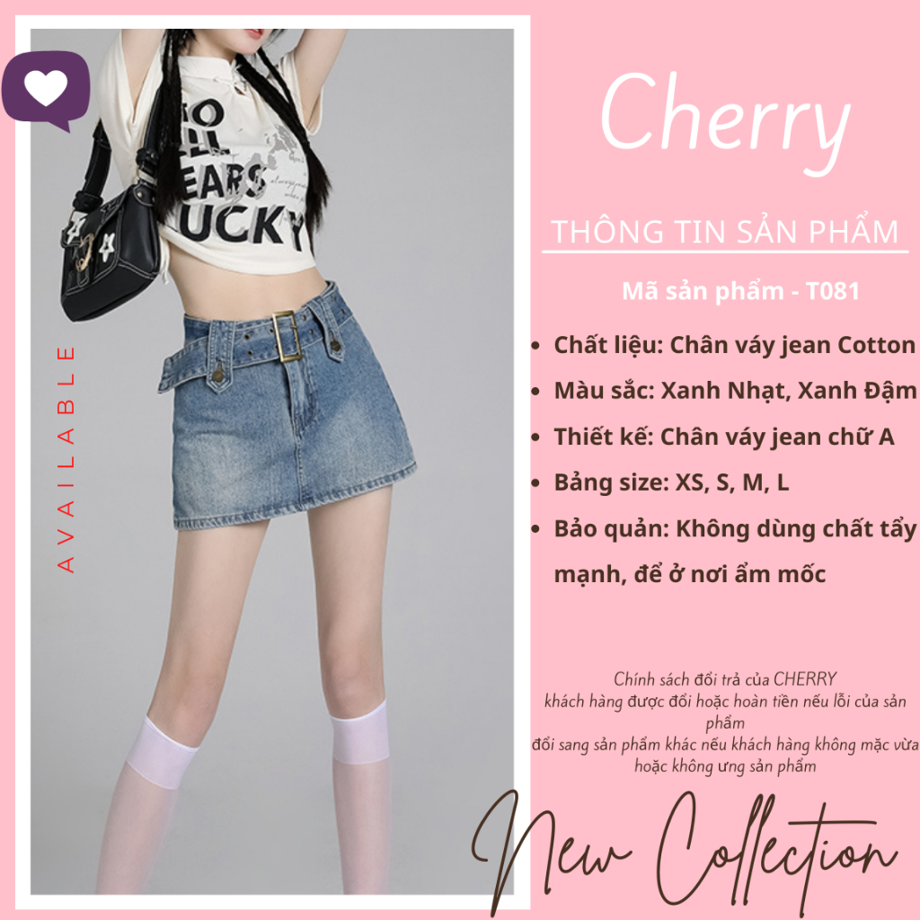 Chân váy jean ngắn CHERRY dáng chữ A có đai eo cao phong cách Hàn Quốc, Chân váy bò ngắn cạp cao tôn dáng T081 | BigBuy360 - bigbuy360.vn