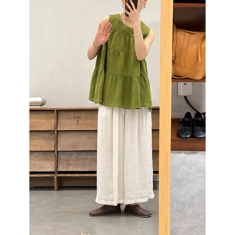 3064 Áo babydoll cổ tròn sát nách xòe tầng Quỳnh vintage