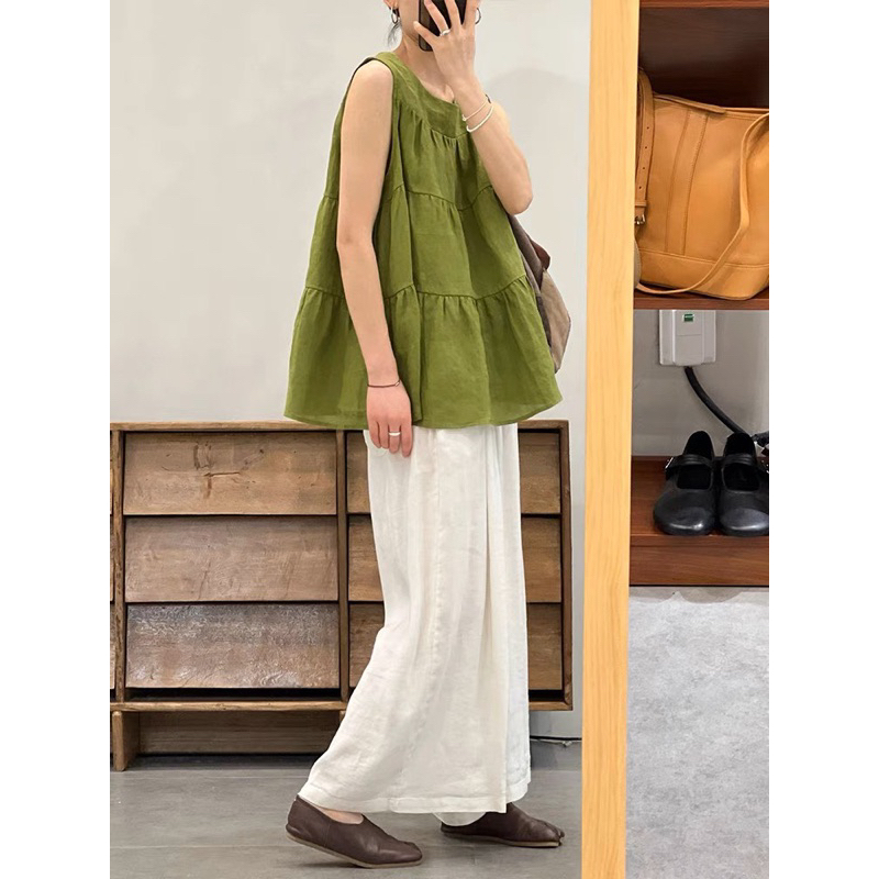 3064 Áo babydoll cổ tròn sát nách xòe tầng Quỳnh vintage