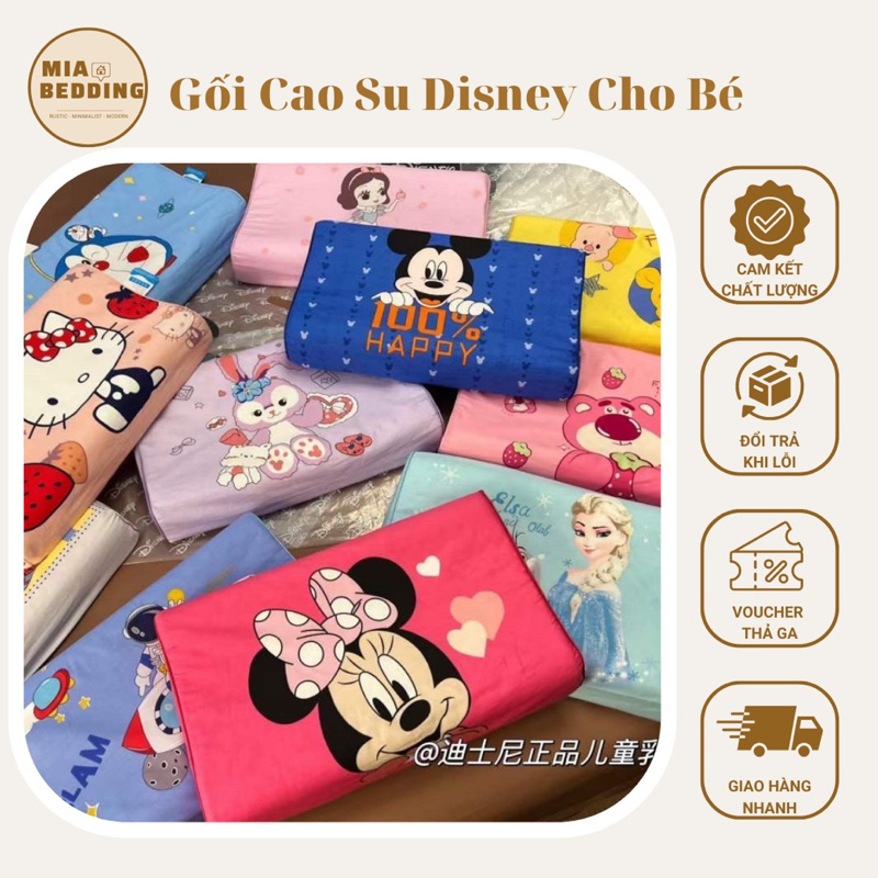 Gối Cao Su Disney Nội Địa Trung Cho Bé, Ruột Cao Su Latex Êm Mềm Có Lỗ Thoáng Giảm Nhiệt, Vỏ Gối Cotton Thấm Hút Mồ Hôi