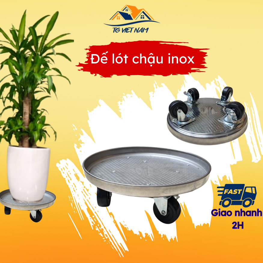 Đế lót chậu cây có bánh xe di động bằng INOX, chịu lực 50kg, kệ để cây có bánh xe thông minh, hình tròn R27xC8cm