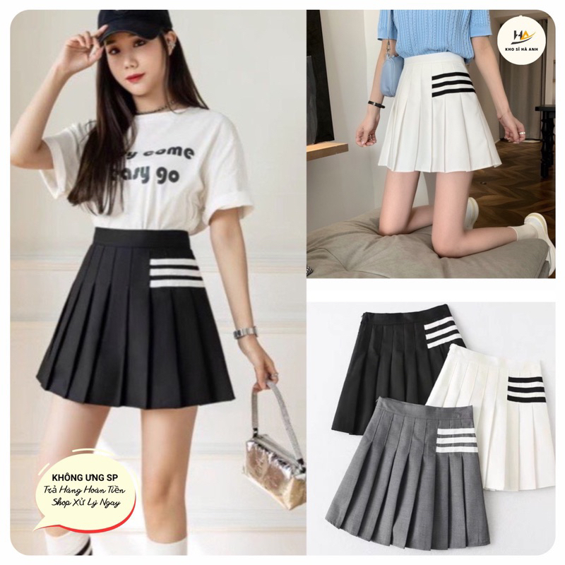 Chân Váy Tennis Xếp Ly Phối Viền Sọc Ngang Chân Váy Nữ Ngắn Dáng Xòe Xếp Li Cạp Lưng Cao Lót Trong Chất Tuyết Mưa