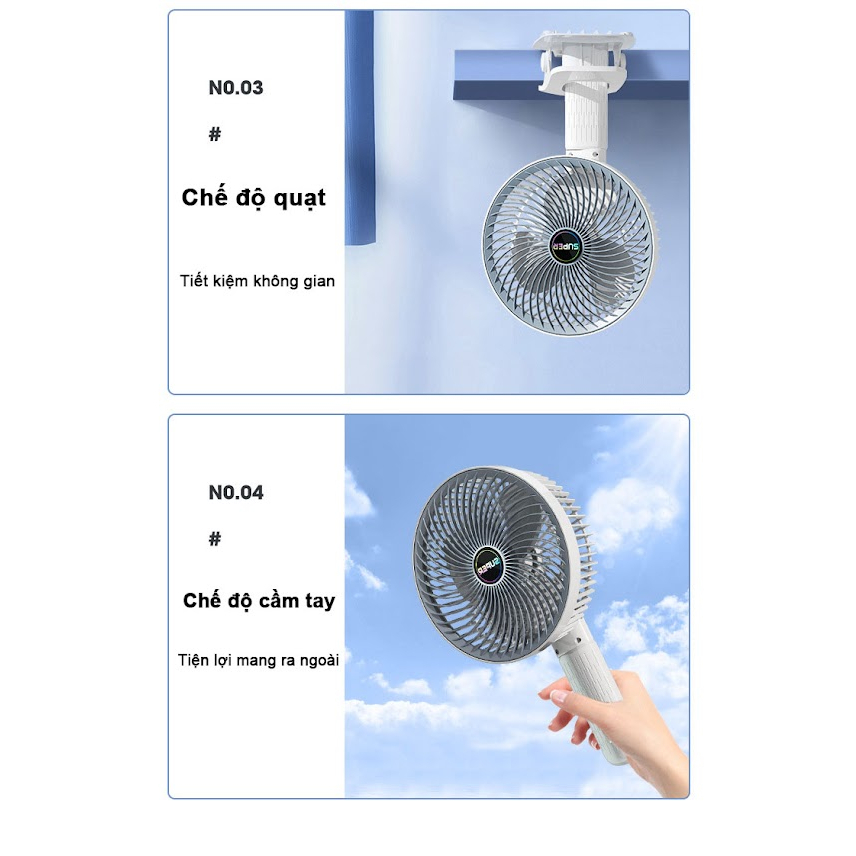 Quạt tích điện gấp gọn kẹp bàn cầm tay  super  3 tốc độ gió tiện lợi