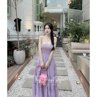 Đầm maxi caro nhúng thun ngực cập bến 3 màu