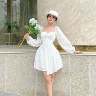 Đầm midi kim sa phối tay phồng bánh bèo, tiểu thư.