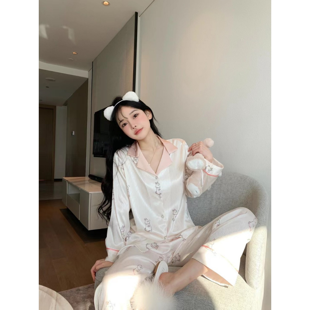 Bộ ngủ lụa xước dài tay quần dài hàng Quảng Châu pyjama đồ bộ mặc nhà sau sinh chất lụa xước cao cấp