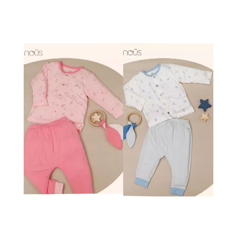 Bộ Nous cài thẳng dài tay Petit in hoạ tiết 0-12M