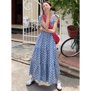 Váy xanh 2 dây bo chun ngực hoạ tiết hoa dáng a xoè dài