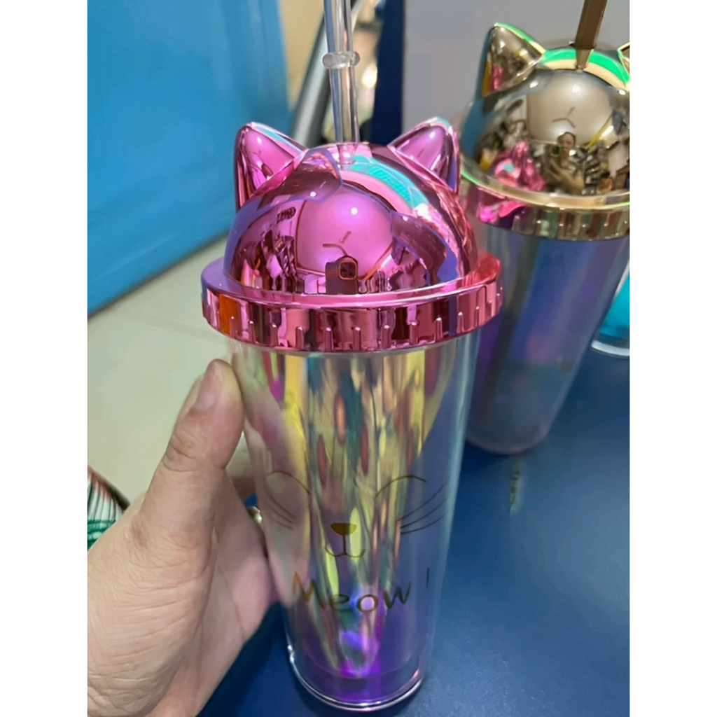 Bình Đựng Nước Hai Lớp Tai Mèo Lấp Lánh 380Ml Kèm Ống Hút