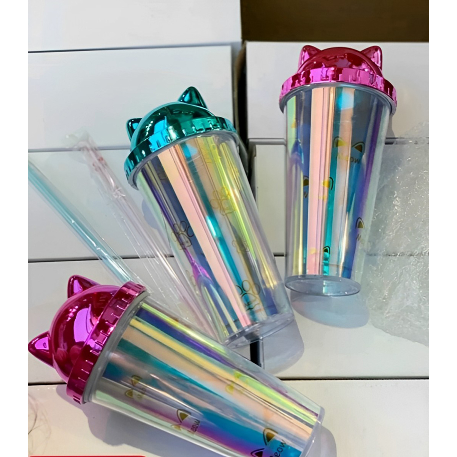 Bình Đựng Nước Hai Lớp Tai Mèo Lấp Lánh 380Ml Kèm Ống Hút