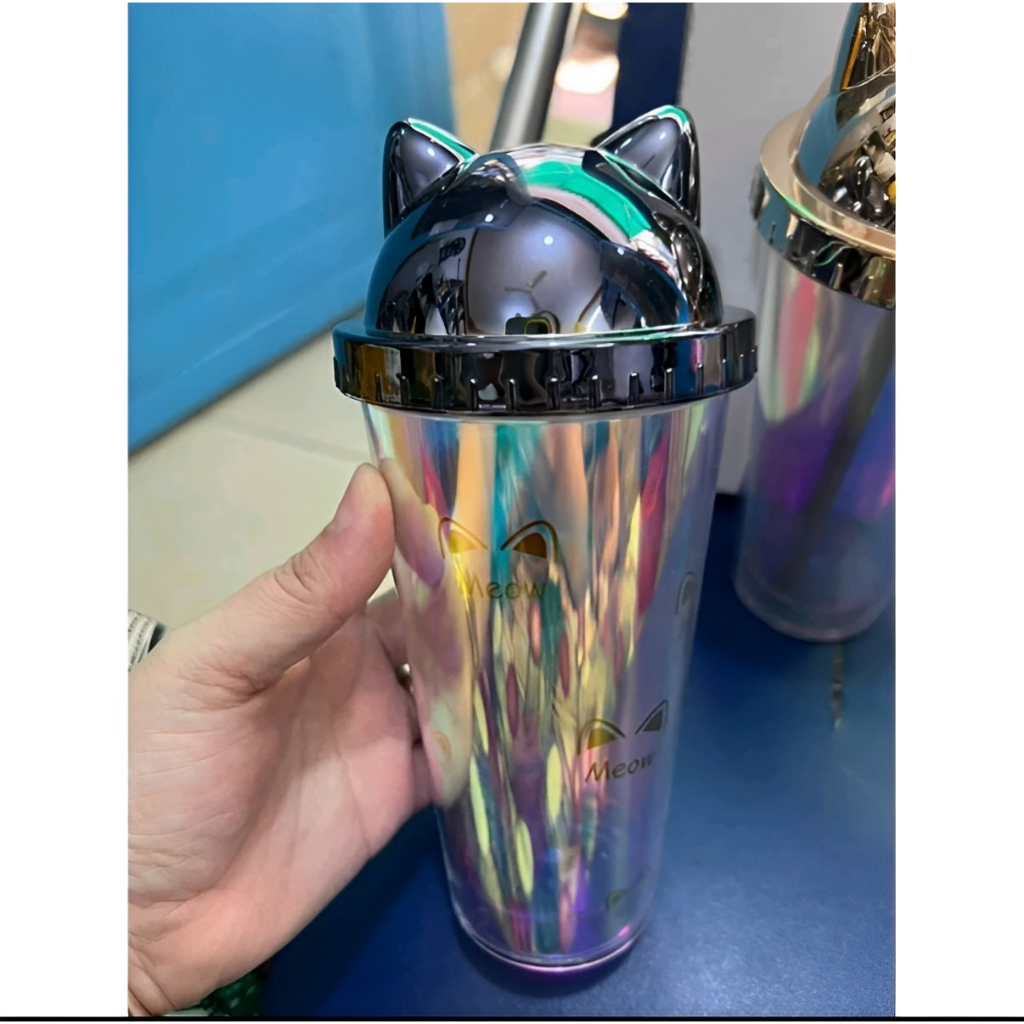 Bình Đựng Nước Hai Lớp Tai Mèo Lấp Lánh 380Ml Kèm Ống Hút