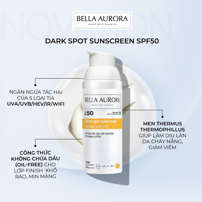 [hàng cty] Bella Aurora Dark Spot Sunscreen SPF50 Kem Chống Nắng Phổ Rộng Ngừa Nám Cho Da Dầu, Hỗn Hợp (50ml)