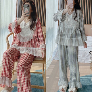Đồ bộ nữ mặc nhà tiểu thư sọc caro cổ bèo phối ren quảng châu