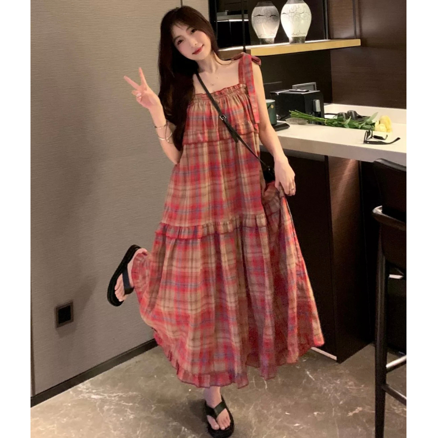 Váy hai dây kẻ caro vintage Heppy thắt nơ vai phối bèo dáng dài _Vay1789_P3K4