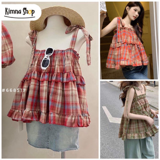 Áo hai dây kẻ caro bèo tầng buộc nơ vai - áo tiểu thư babydoll xinh xắn