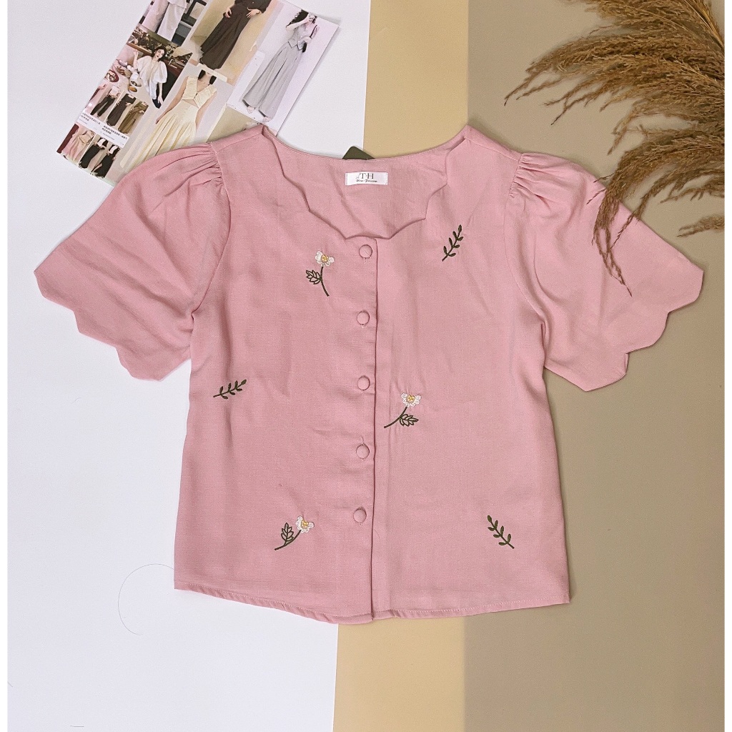 Áo linen thêu tay ngắn