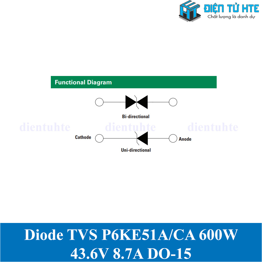 Bộ 5 Diode TVS 600W VR 43.6V 8.7A P6KE51CA P6KE51A - chân cắm DO-15