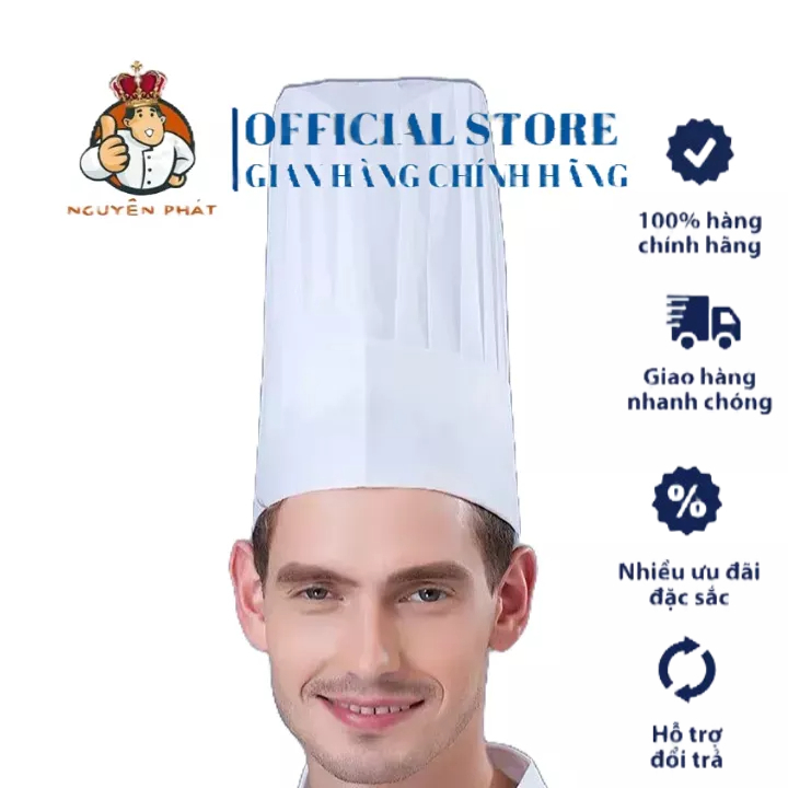 Nón giấy bếp, Mũ giấy bếp Cao 23cm (Combo 10 cái) Loại dày - Dụng cụ bếp Đà Nẵng