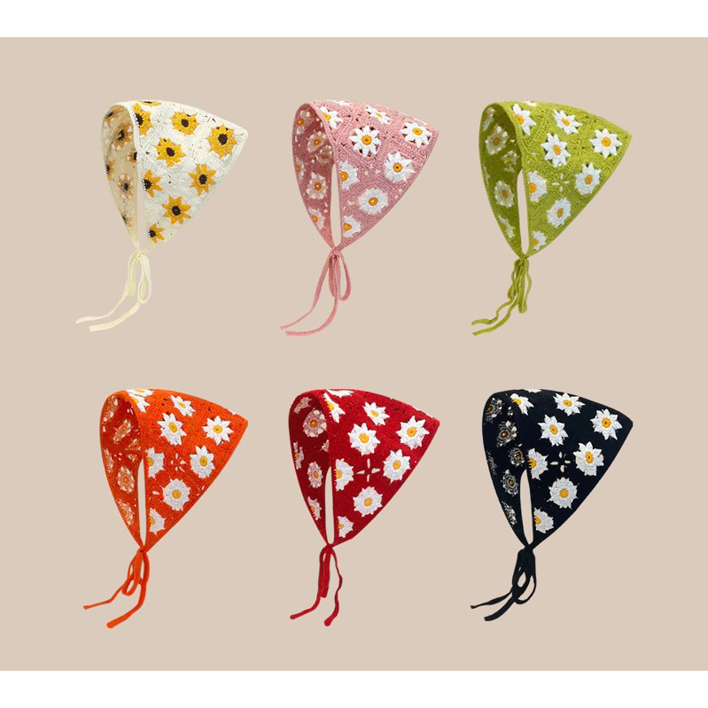 [Hàng có sẵn] Băng Đô Khăn Đội Đầu móc len hoạ tiết hoa cúc du lịch đi biển siêu xinh