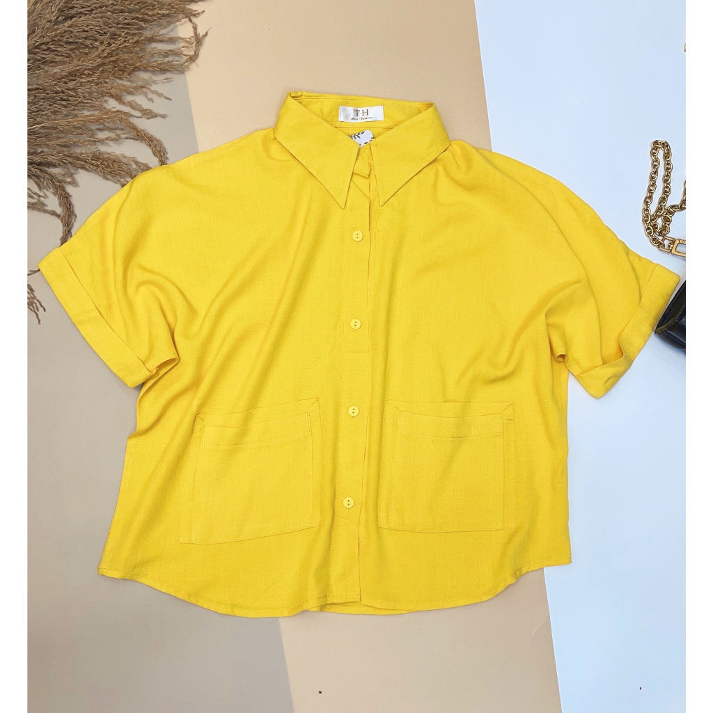 Áo sơ mi tay ngắn có 2 túi trước tạo điểm nhấn chất linen (Ms15)