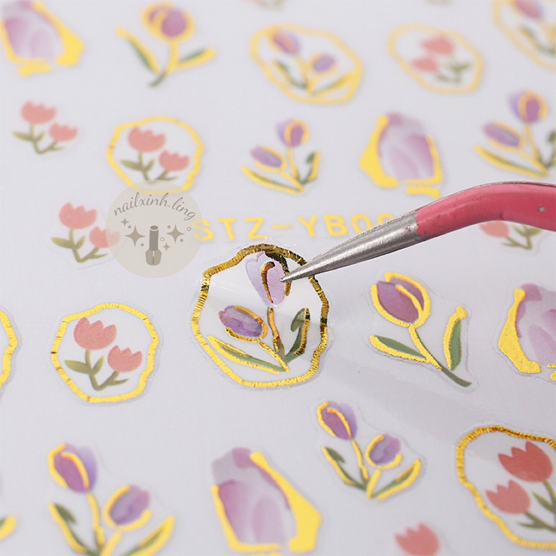 Sticker Dán Móng Tay Hoa Tulip Viền Tròn Sang Chảnh YB002 | TS2323 - Hình Dán Móng Nail Dập Nổi Hoa Tulip 5D Tensor Pro