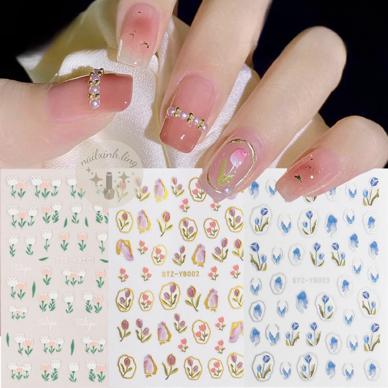 Sticker Dán Móng Tay Hoa Tulip Viền Tròn Sang Chảnh YB002 | TS2323 - Hình Dán Móng Nail Dập Nổi Hoa Tulip 5D Tensor Pro