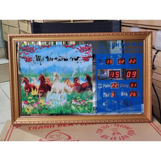 Đồng hồ lịch vạn niên điện tử cao cấp kiêm tranh treo tường phòng khách con công, đồng hồ đèn led mã đáo thành công