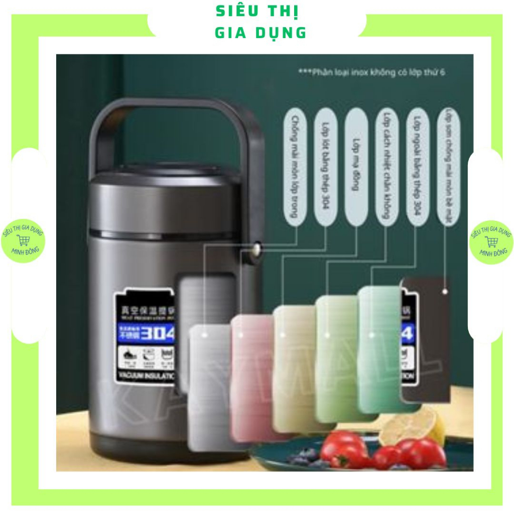 Hộp Cơm Inox 304 6 Lớp Giữ Nhiệt 6h, Cà Mên Văn Phòng Nhiều Ngăn Dung Tích 1600ml