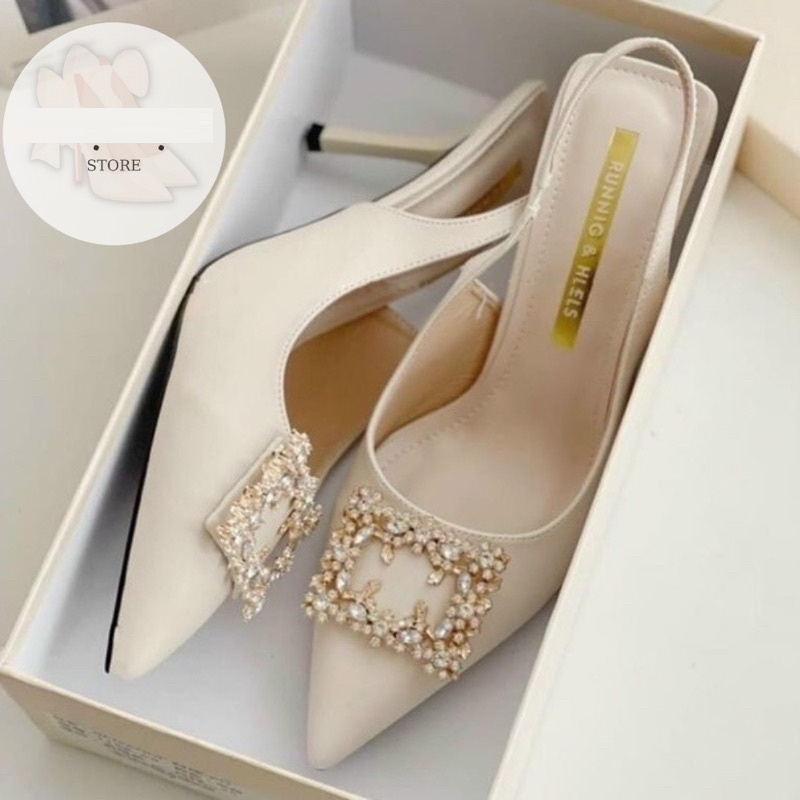 Giày Cao Gót Nữ đế cao 7cm Đá Vuông Cao Cấp cực xinh ( đá vàng)