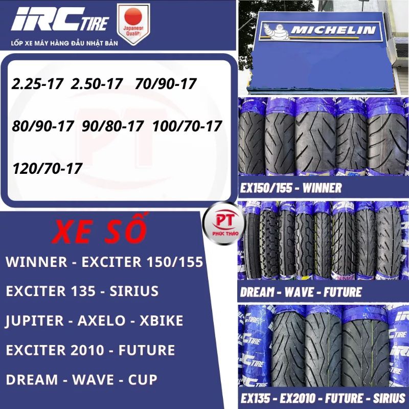 Vỏ IRC xe số Exciter 135/150/155, Winner, Sirius, Jupiter, Future, Wave, Dream, Cup, Axelo, Viva. Lốp xe IRC chính hãng