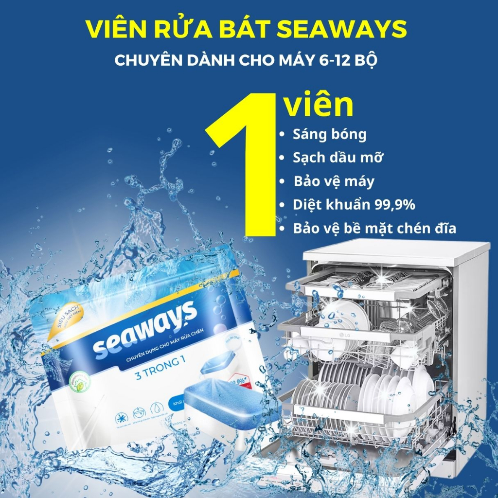 Viên rửa chén bát SEAWAYS 3 trong 1 - Dùng cho mọi loại máy rửa chén bát (Túi 35 viên x 8gr)