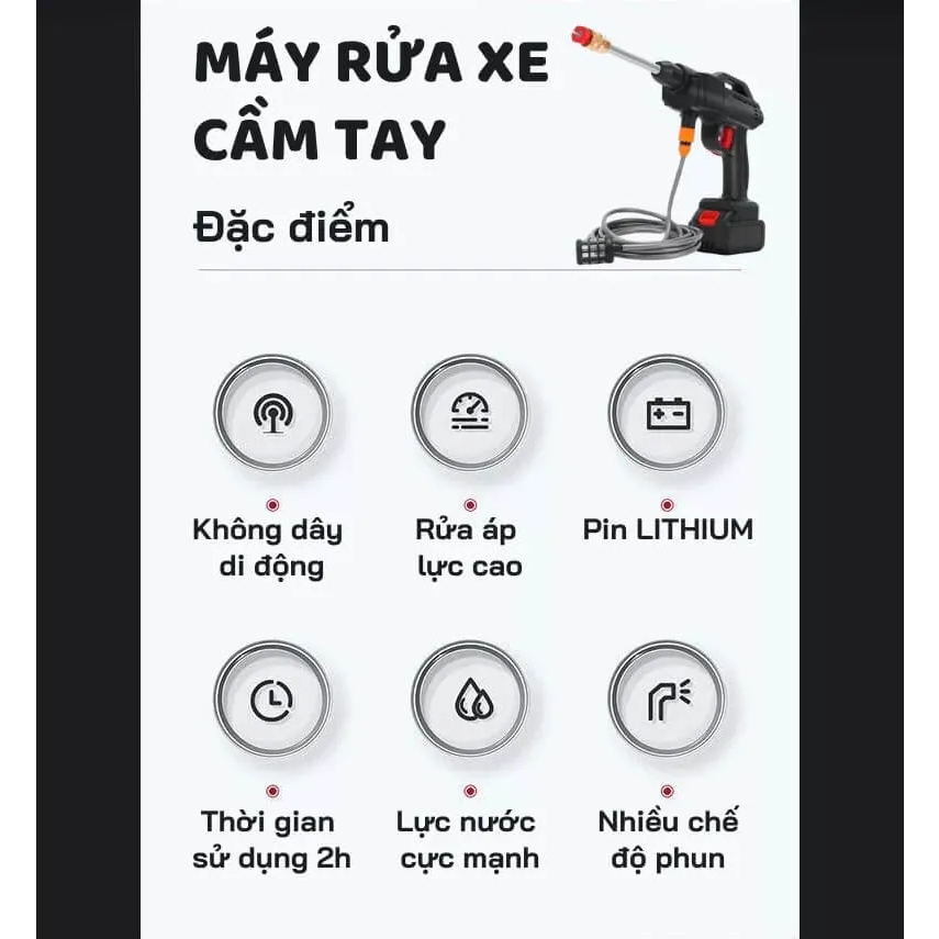 Vòi rửa xe chạy pin 48v Lithium mini cầm tay 3 chế độ phun,chuyên sử dụng rửa xe, vệ sinh, tưới cây.Vòi phun tăng áp.