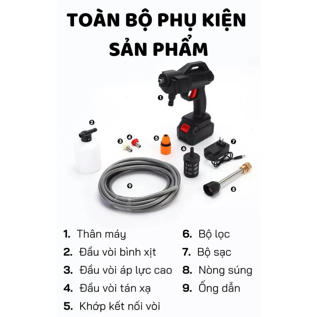 Vòi rửa xe chạy pin 48v Lithium mini cầm tay 3 chế độ phun,chuyên sử dụng rửa xe, vệ sinh, tưới cây.Vòi phun tăng áp.