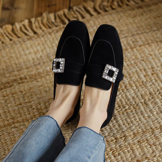 Giày bệt loafer nữ , giày lười mũi tròn gắn khoá đá vuông size 35 đến bigsize 42 cho chân ngoại cỡ - Toffly Shoes