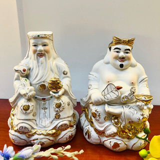 Tượng thần tài thổ địa chất liệu gốm sứ vẽ viền vàng, Cặp Tài địa trắng cao cấp