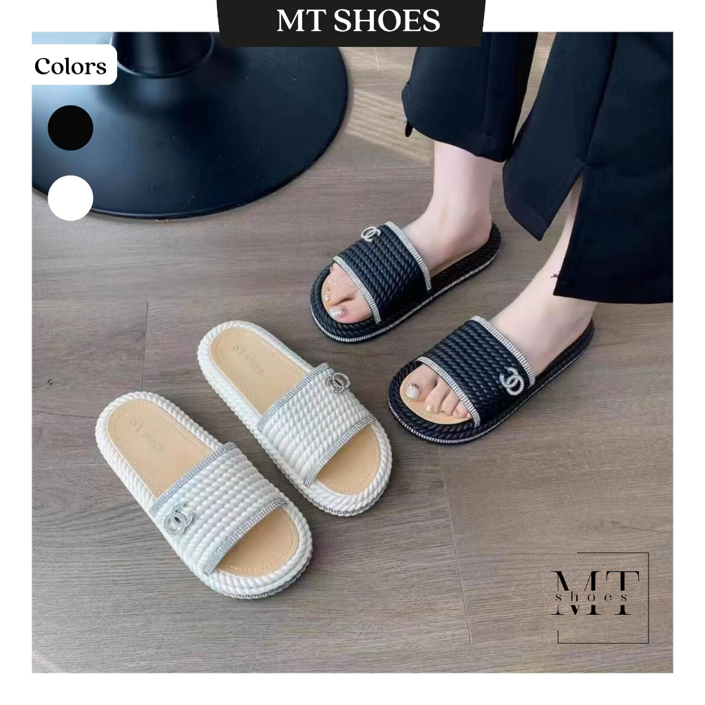 Dép nhựa bản ngang đính viền đá cao 2cm đế nhựa đúc mặt lót da mềm nhẹ cực dễ mang kiểu dáng thời trang Dép lê MT Shoes