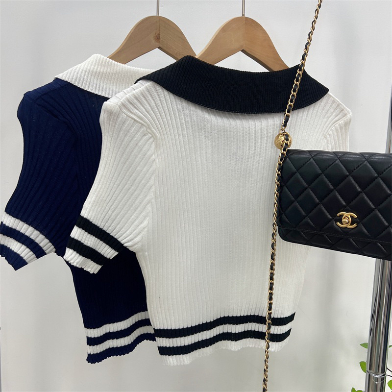 Áo kiểu croptop tay ngắn dáng ôm cổ polo chất len mỏng phong cách Hàn Quốc thời trang nữ | BigBuy360 - bigbuy360.vn