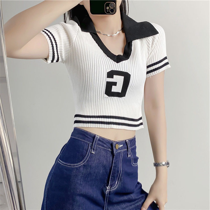 Áo kiểu croptop tay ngắn dáng ôm cổ polo chất len mỏng phong cách Hàn Quốc thời trang nữ | BigBuy360 - bigbuy360.vn