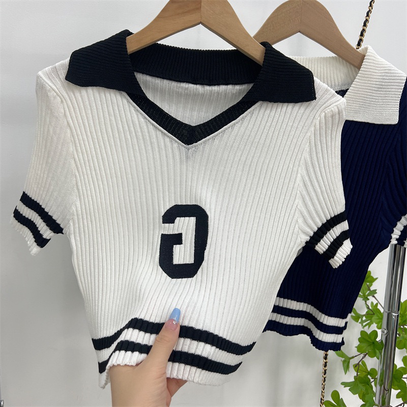 Áo kiểu croptop tay ngắn dáng ôm cổ polo chất len mỏng phong cách Hàn Quốc thời trang nữ | BigBuy360 - bigbuy360.vn