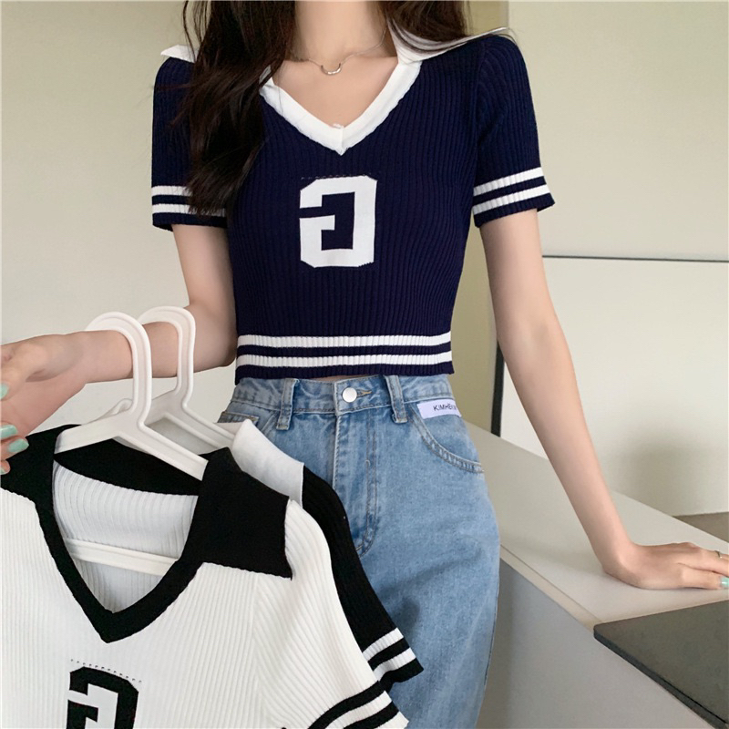 Áo kiểu croptop tay ngắn dáng ôm cổ polo chất len mỏng phong cách Hàn Quốc thời trang nữ | BigBuy360 - bigbuy360.vn