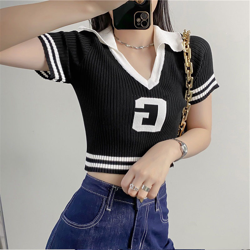 Áo kiểu croptop tay ngắn dáng ôm cổ polo chất len mỏng phong cách Hàn Quốc thời trang nữ | BigBuy360 - bigbuy360.vn