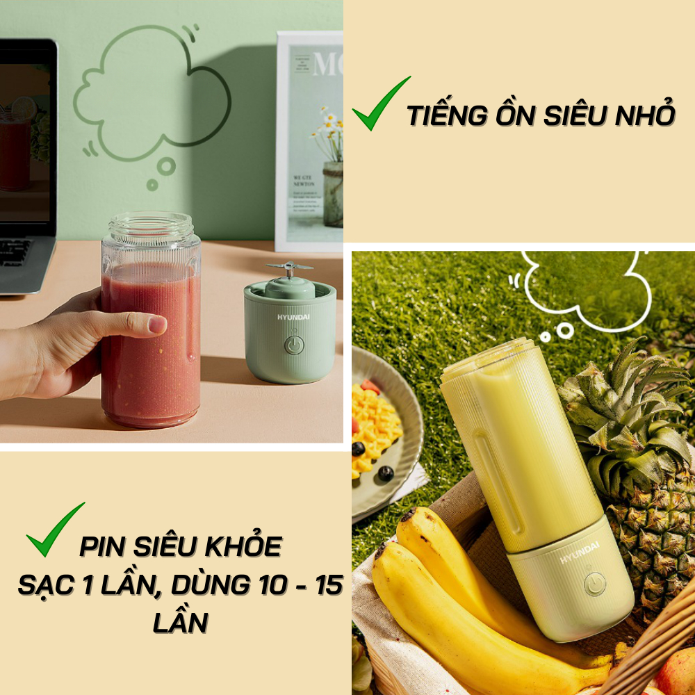 Máy Xay Sinh Tố Cầm Tay Mini HYUNDAI - Máy Xay Đa Năng Sạc Tích Điện 4 Lưỡi Công Suất Lớn Pin Trâu Nhựa Tritan An Toàn